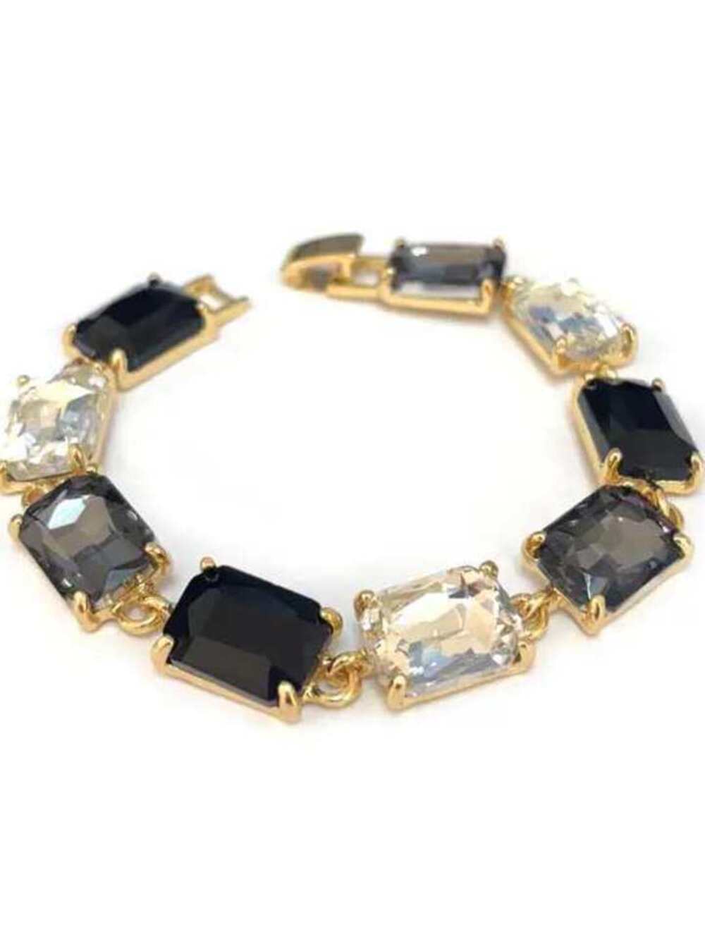Emerald Cut Glass Crystal Linked Statement Gold Bracelet Black Clear White